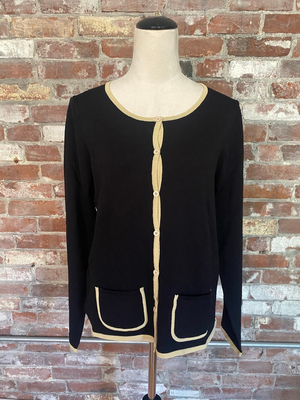 Studio M Black with Beige Trim Long Sleeve Cardigan Size L